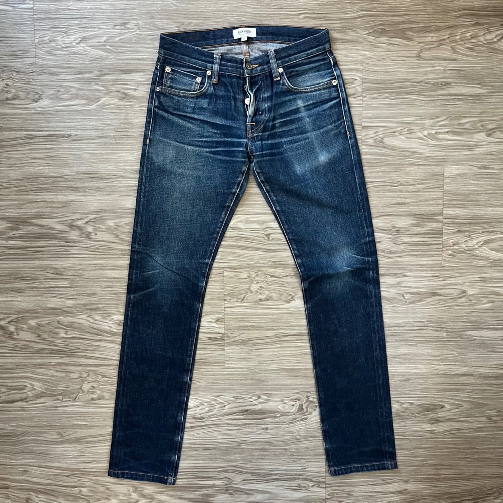 Buck Mason Men Slim Fit American Made Blue Jeans Button Fly Whiskered Wash 28